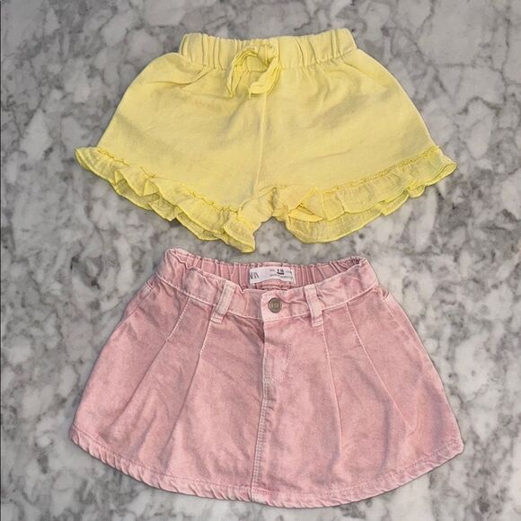 ZARA Yellow Ruffle Shorts and Pink Denim Skirt Set 1 1/2Y - Picture 1 of 7
